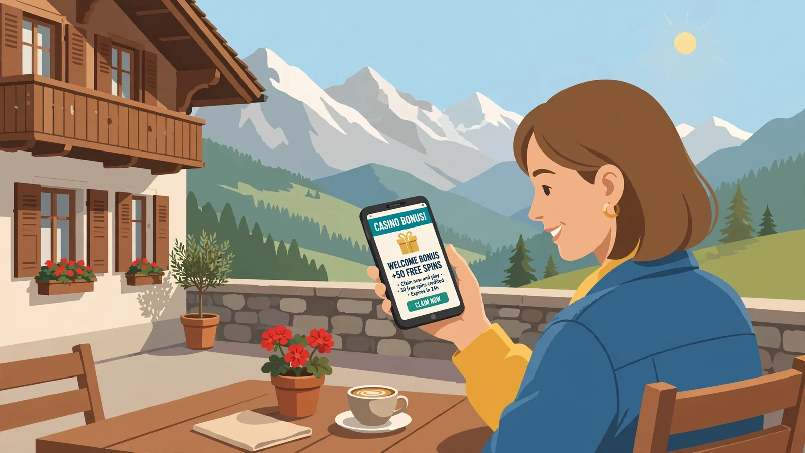 Junge Frau mit Smartphone auf Schweizer Café-Terrasse bei Sonnenlicht