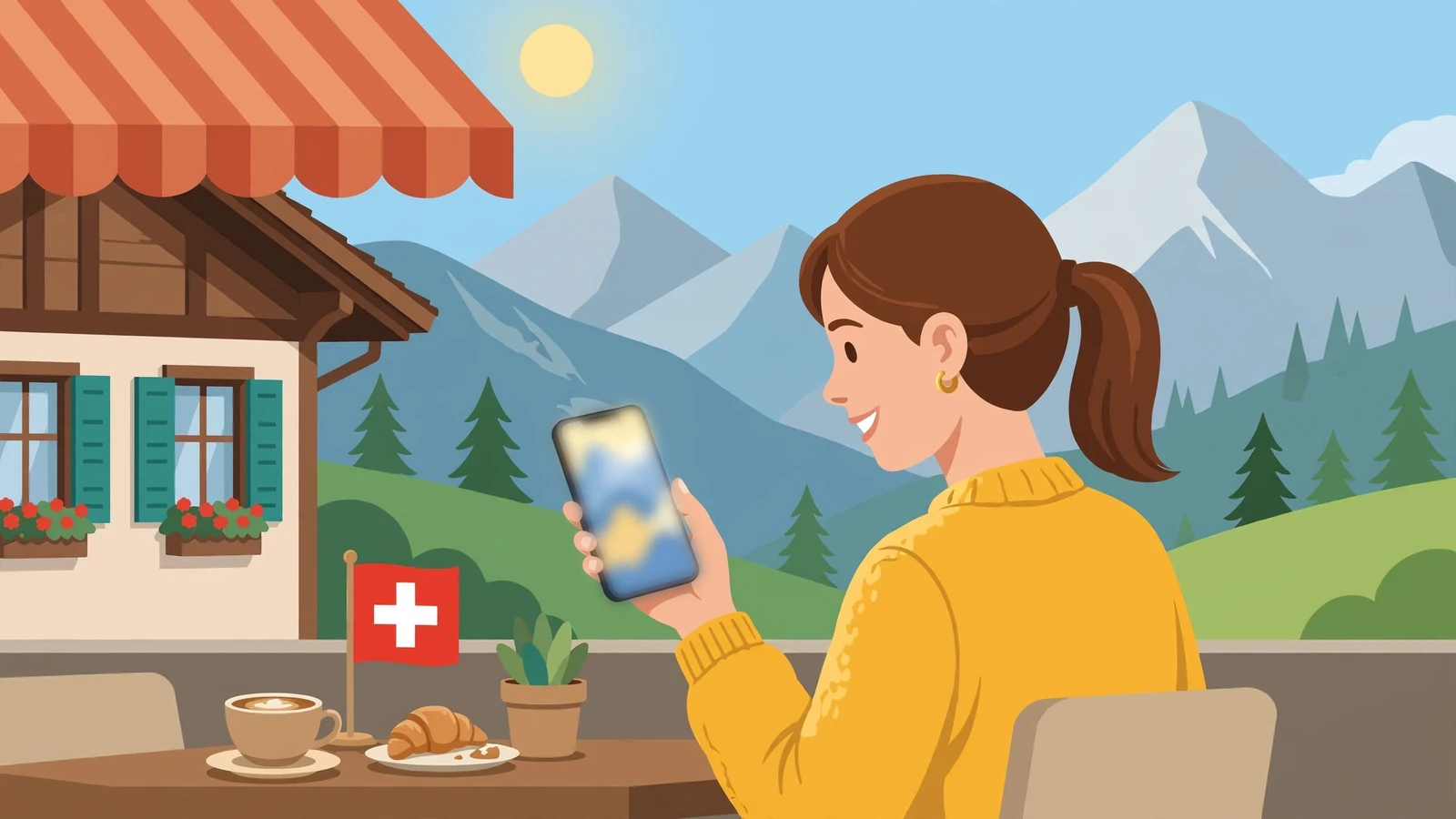 Junge Frau im Schweizer Café mit Smartphone und Alpenblick