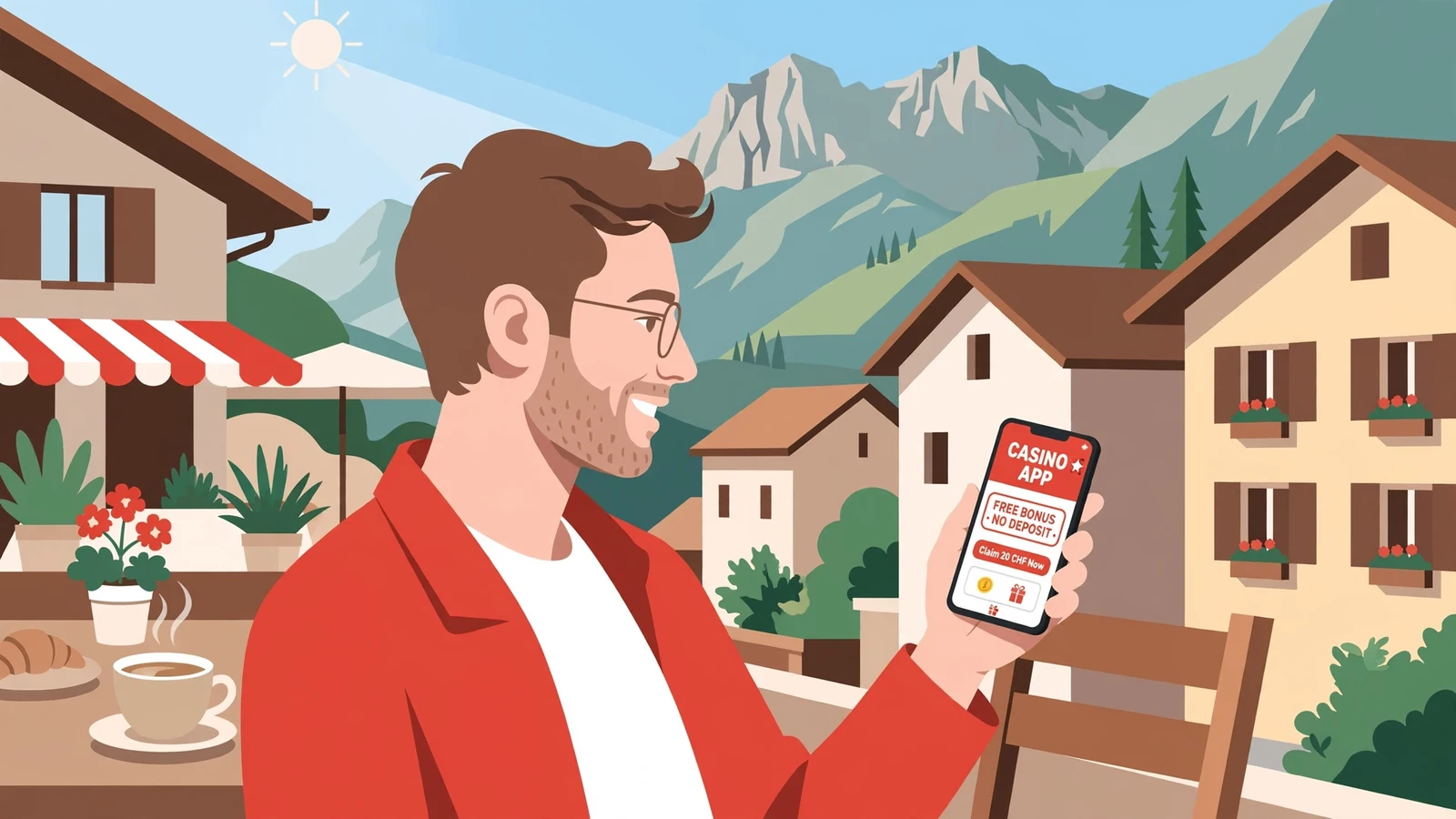 Junger Mann am Zürcher Caféterrasse mit Smartphone, Alpen im Hintergrund