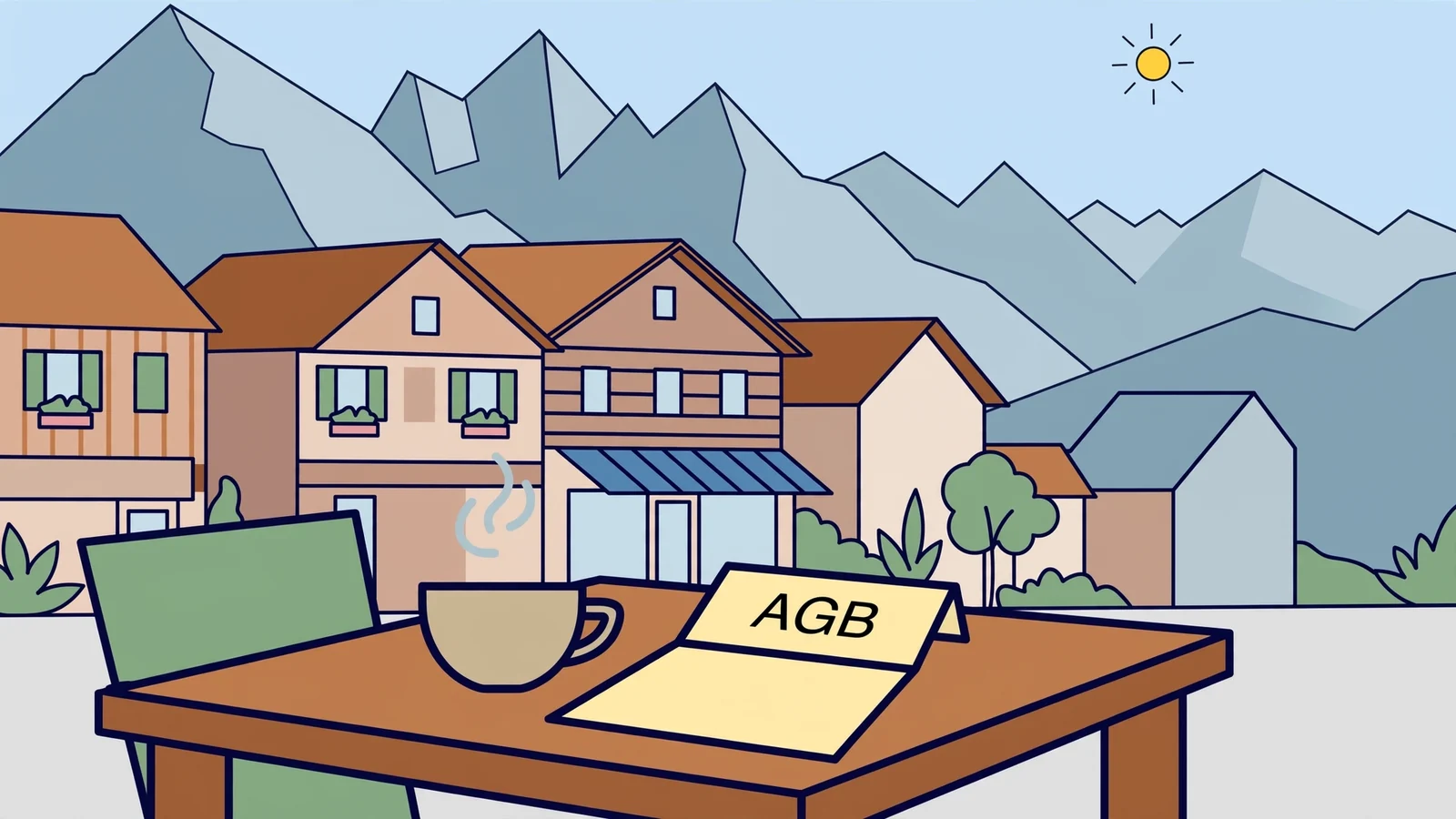 Schweizer Café mit AGB-Dokument und Alpen im Hintergrund