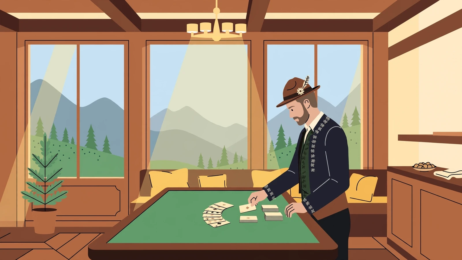 Eleganter Live-Dealer im Schweizer Casino mit Alpenblick und warmem Licht