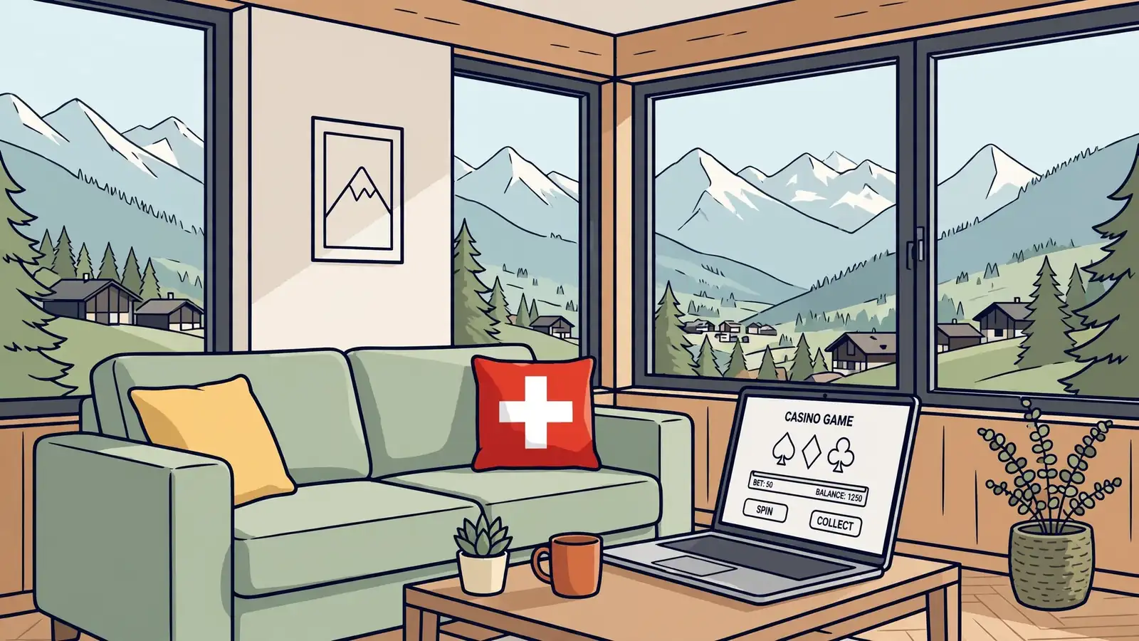 Modernes Wohnzimmer mit Alpenblick und Laptop, Casino‑Thema