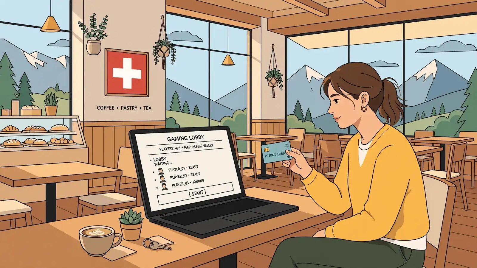 Junge Frau mit Paysafecard im Schweizer Café