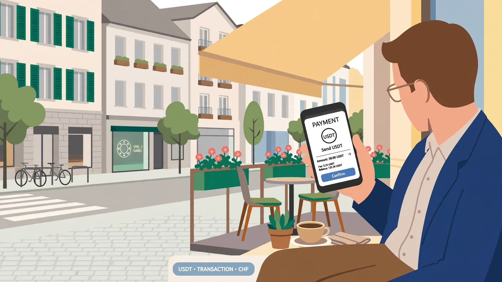 Geschäftsperson auf Schweizer Café-Terrasse mit Smartphone und dezentem Casino-Hintergrund