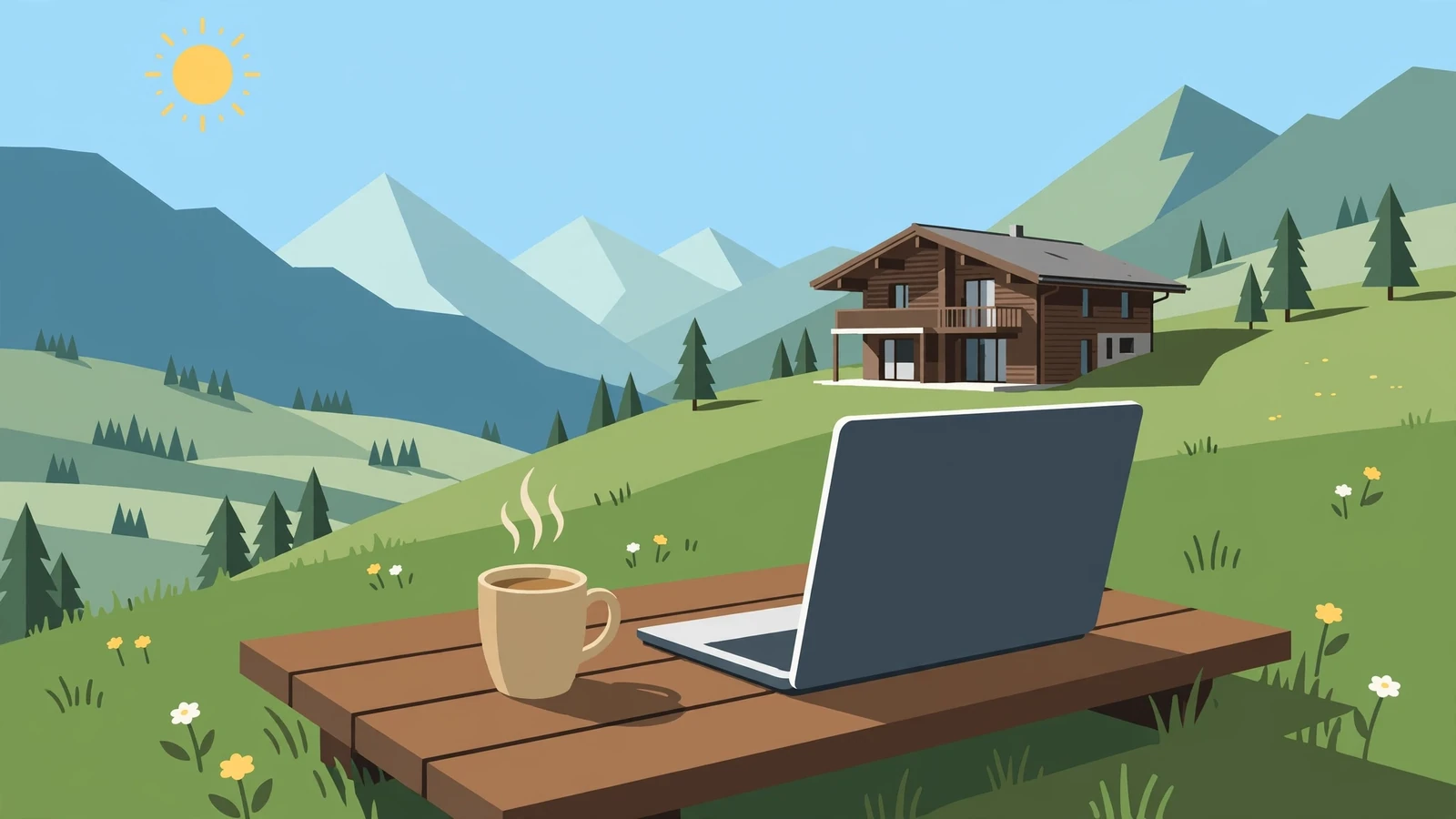Alpines Panorama mit Chalet und Laptop auf Tisch