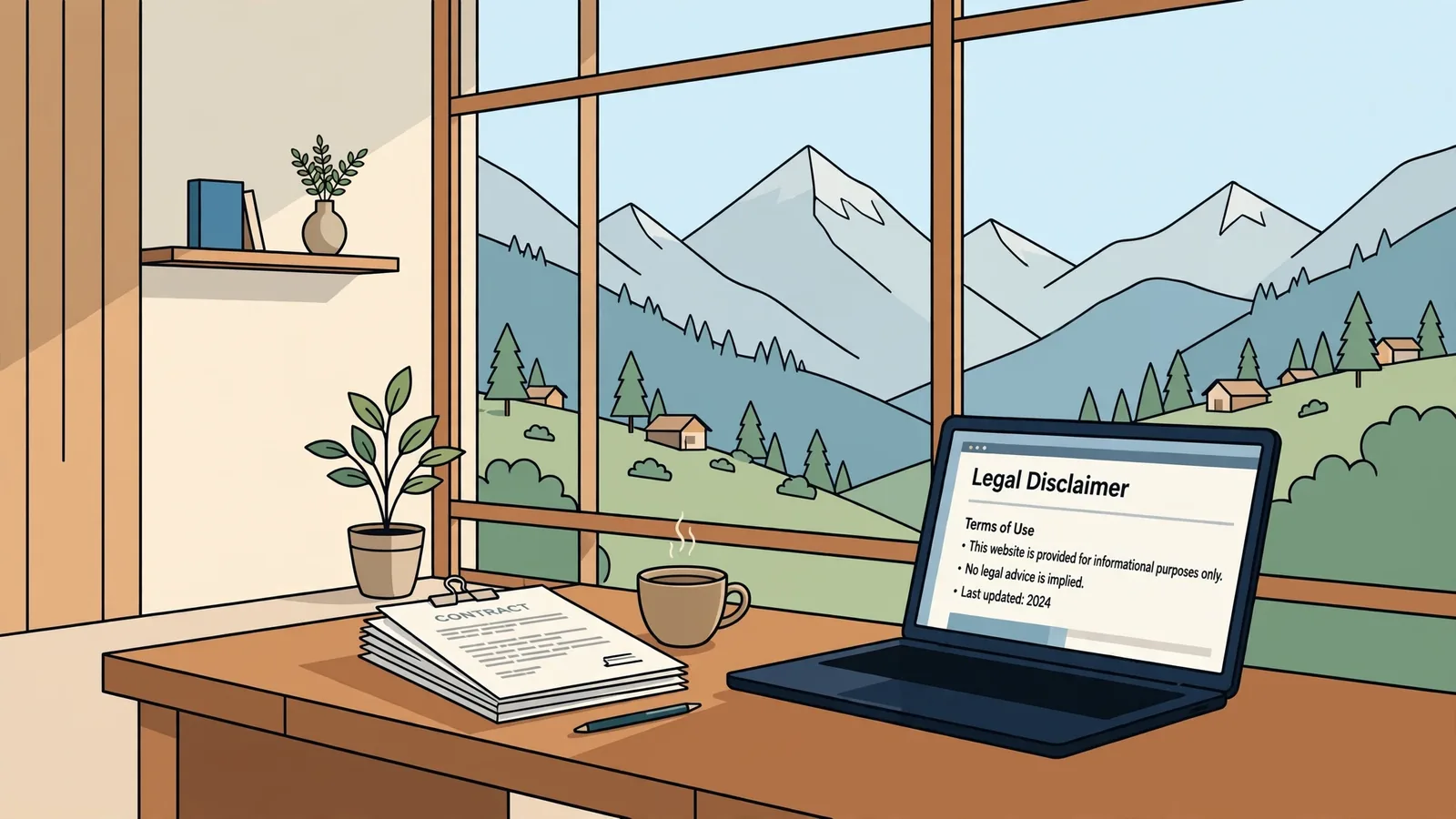 Schweizer Büro mit Alpenblick und rechtlichen Dokumenten