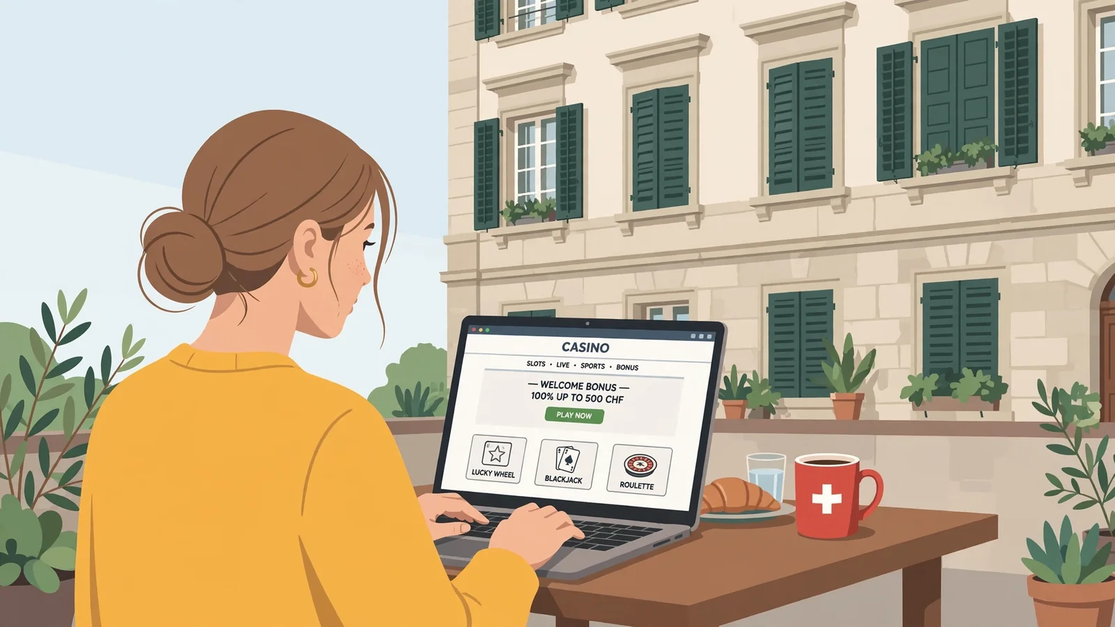 Junge Schweizerin am Laptop in Café, Schweizer Flagge auf Tasse