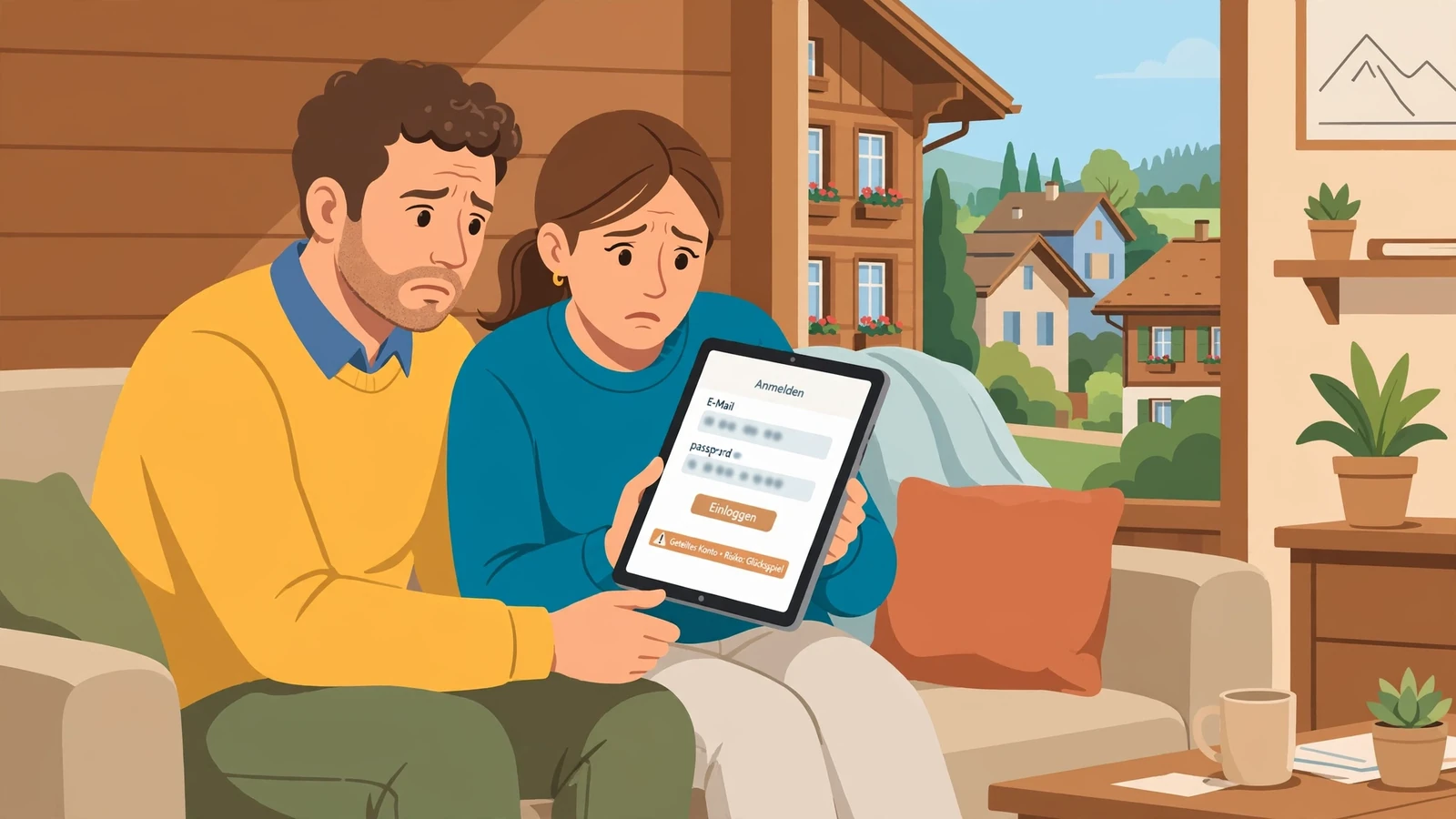 Zwei Personen am Sofa mit Tablet, besorgt über geteiltes Konto