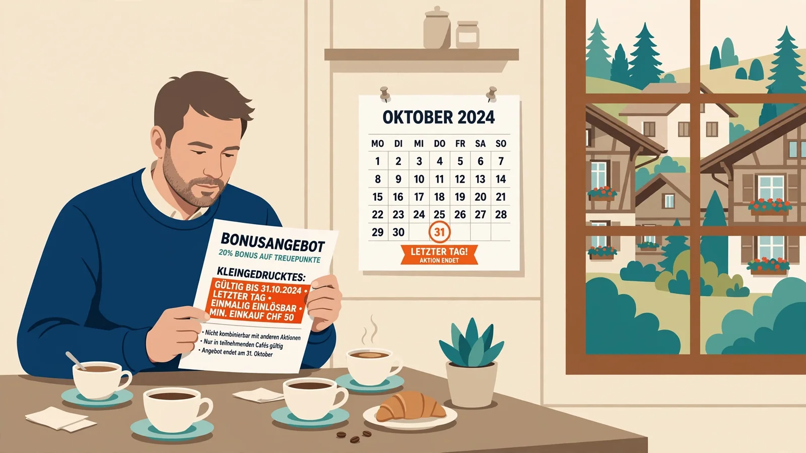 Person liest Bonusbedingungen, Kalender zeigt Frist