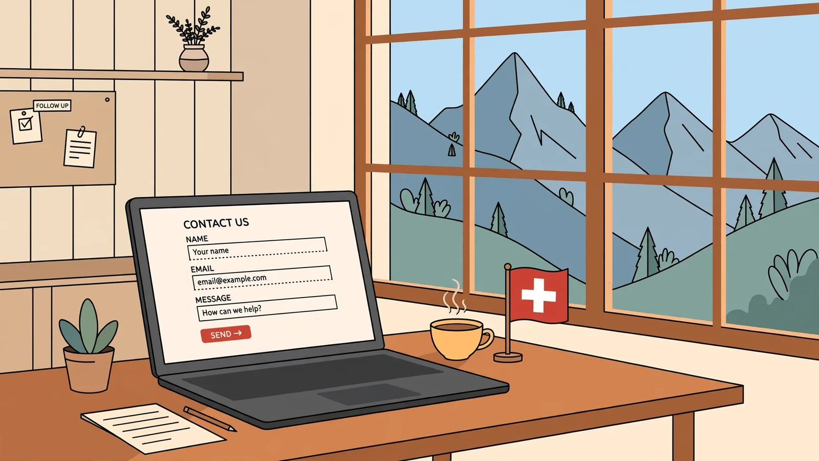 Schweizer Büro mit Fenster, Bergsicht, Laptop und Kaffeetasse